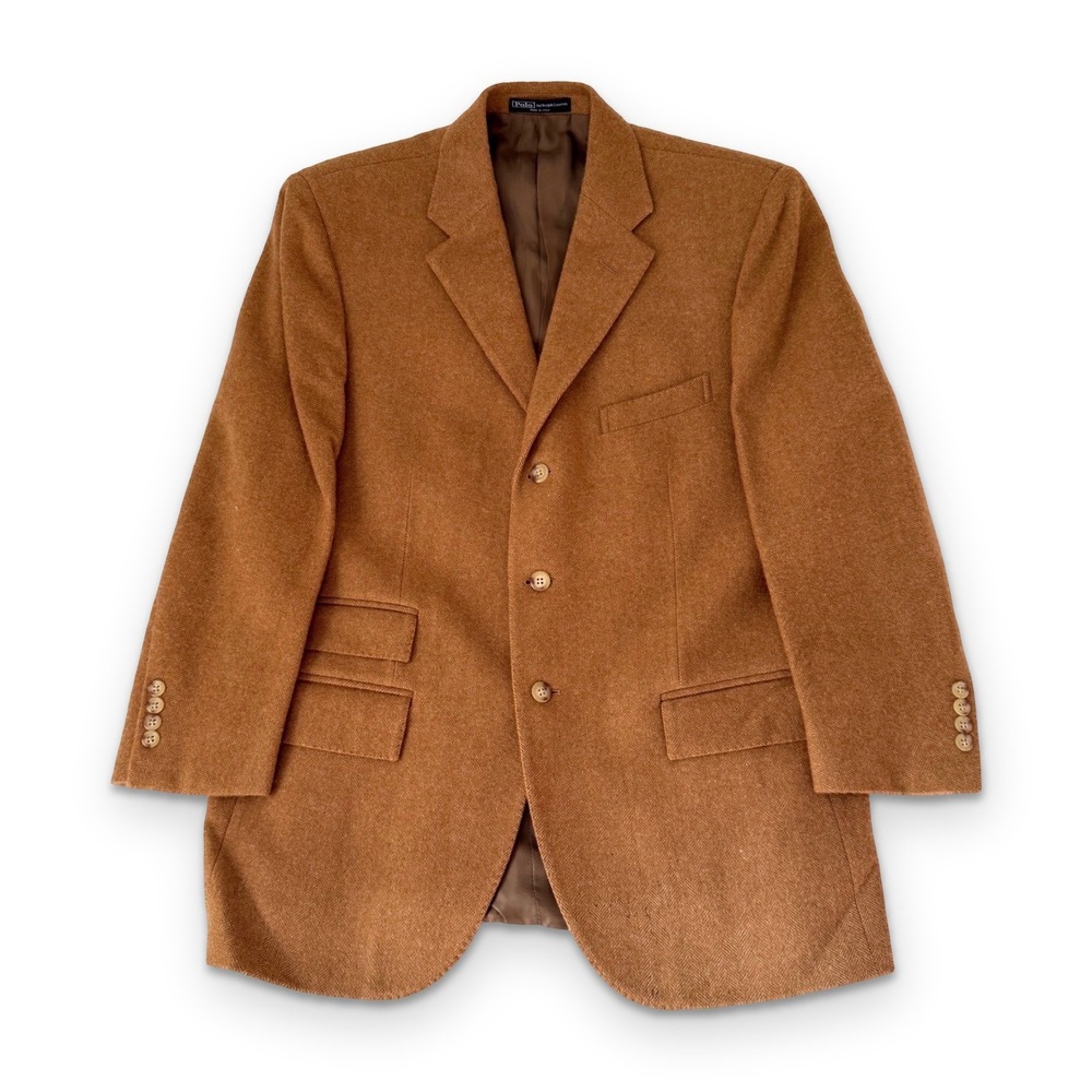 Vintage Polo Ralph Lauren Camel Hair Herringbone Blazer 41S Custom Made In Italy